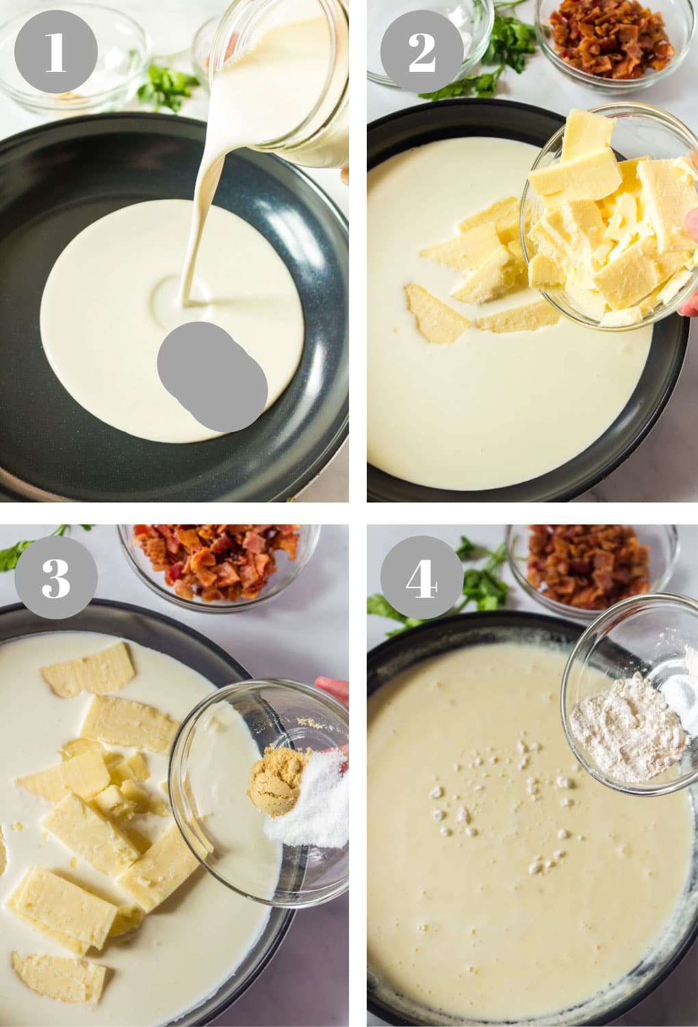 Process steps to making a roux, or a sauce, for macaroni and cheese.