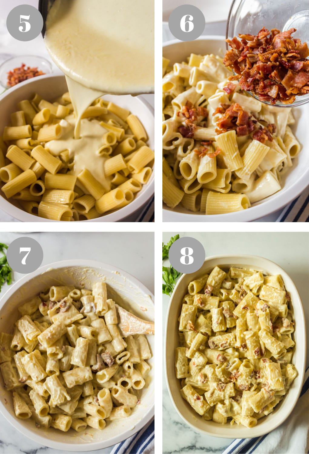 Process of pouring roux over rigatoni pasta and adding bacon.