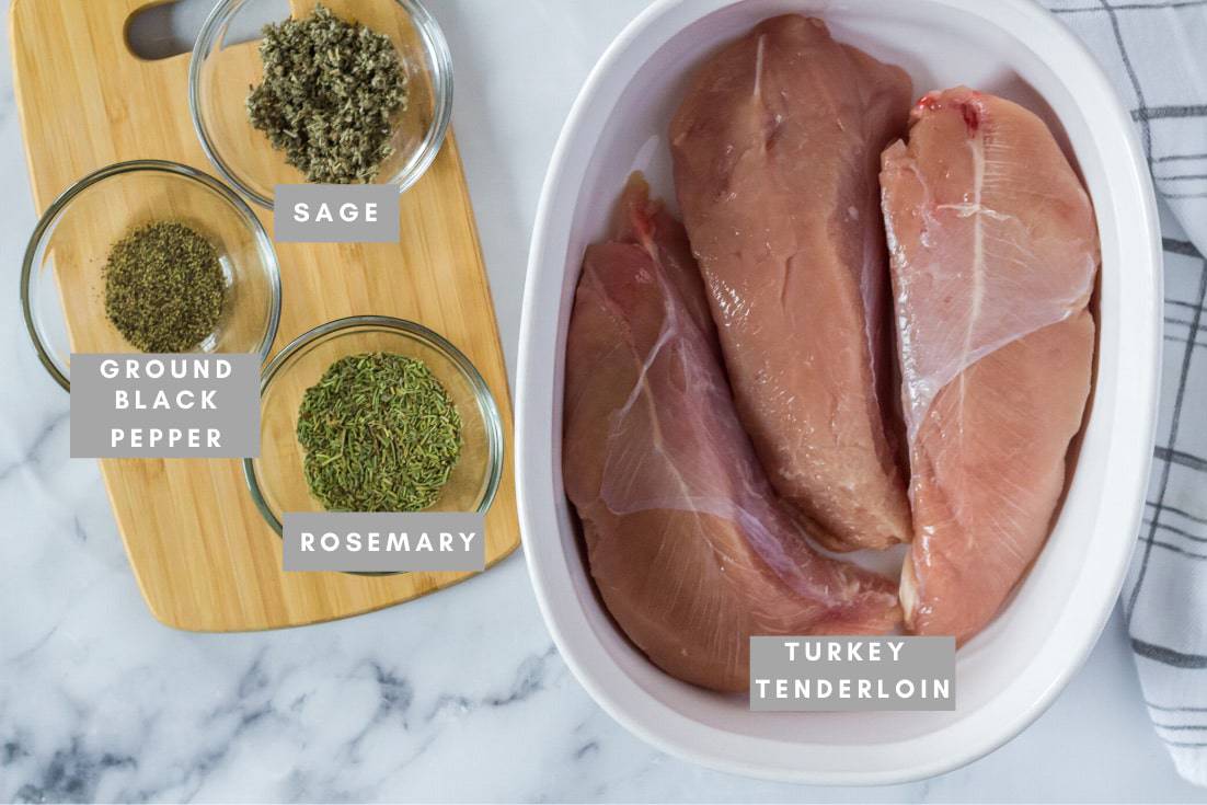 Spices and uncooked turkey tenderloins in a baking dish.