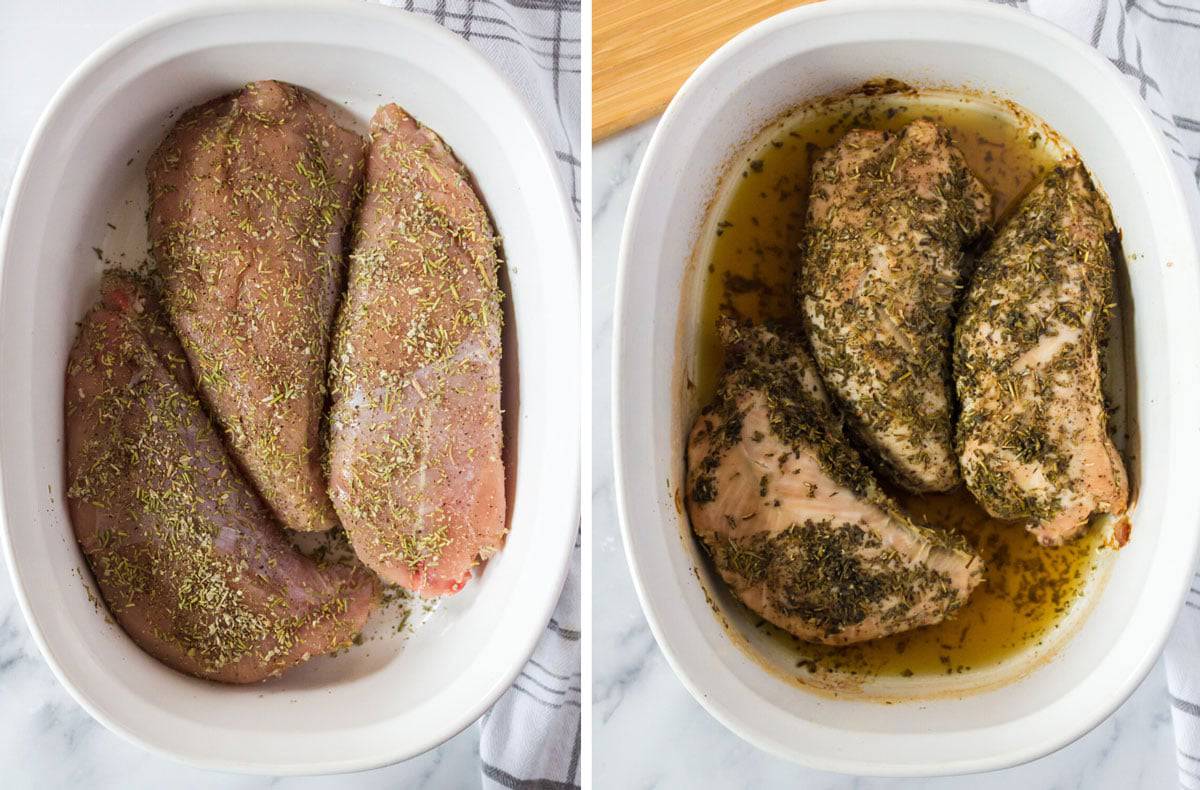 Unbaked turkey tenderloin in a baking dish, next to one that is baked.