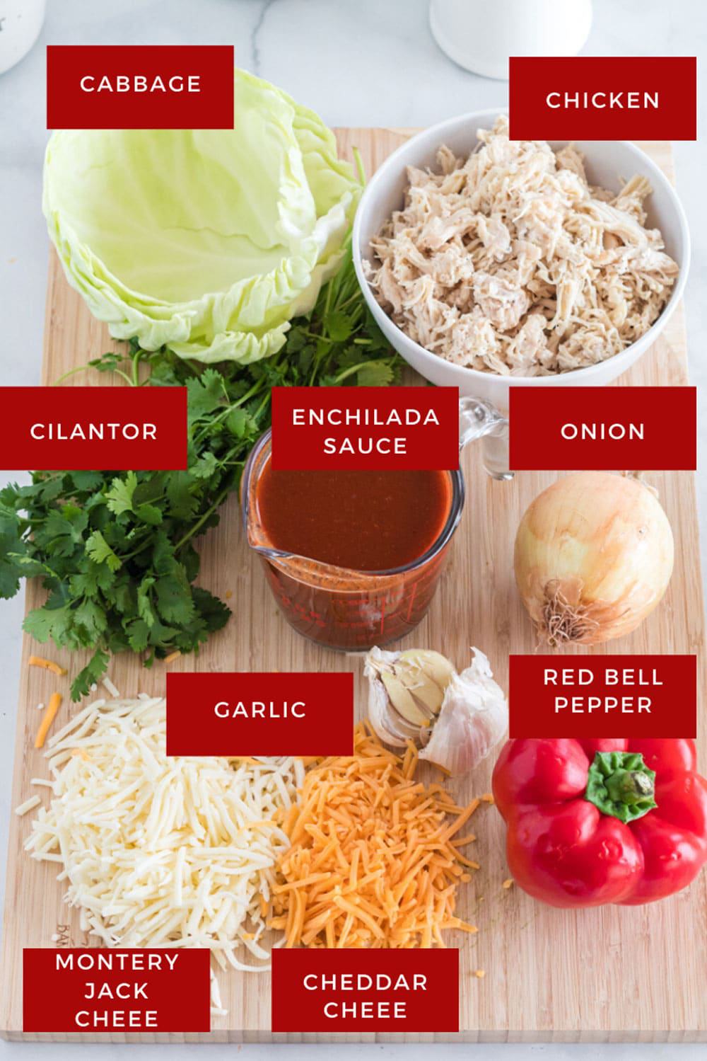 Chicken, cabbage, sauce, cheese, and other ingredients for keto enchiladas