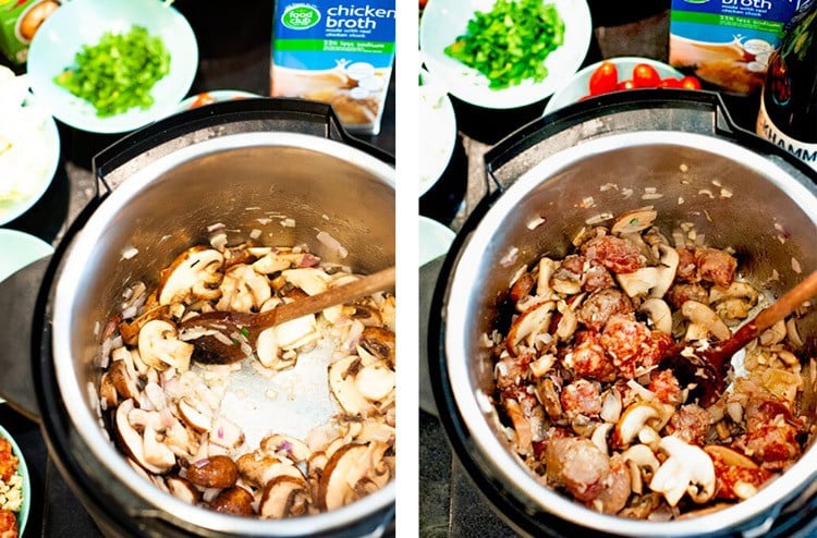 Shallots and mushrooms and Italian sausage being sauteeing in an instant pot.