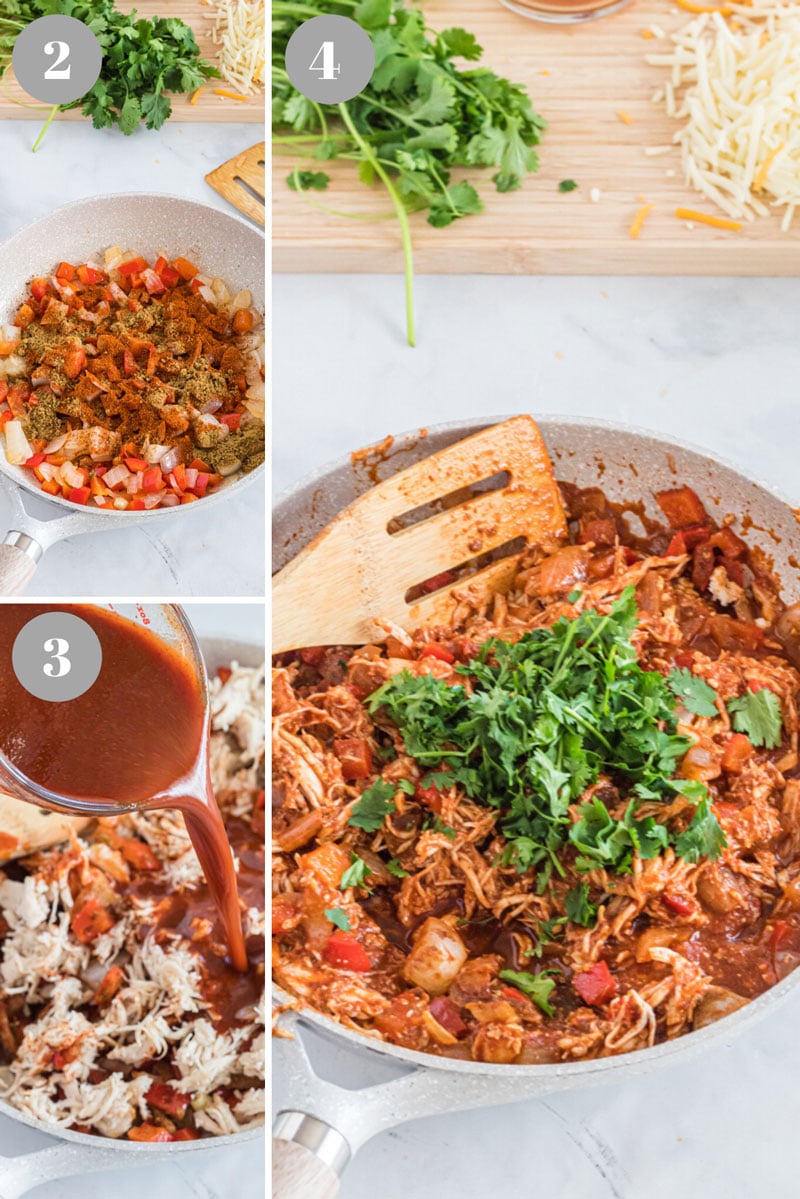 Mixing chicken and enchilada sauce with vegetables in a skillet.