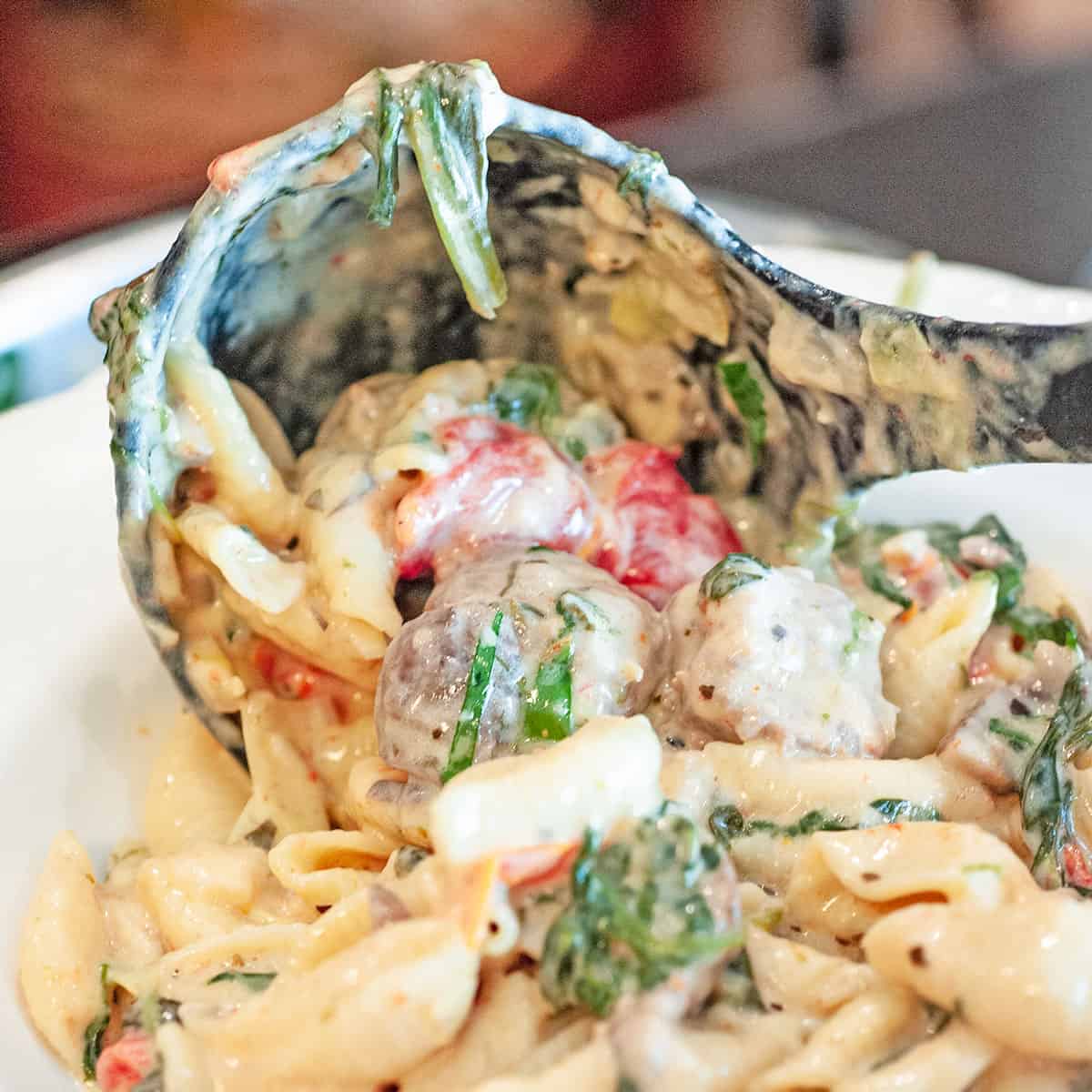 Scoop of creamy pasta going onto a serving plate.