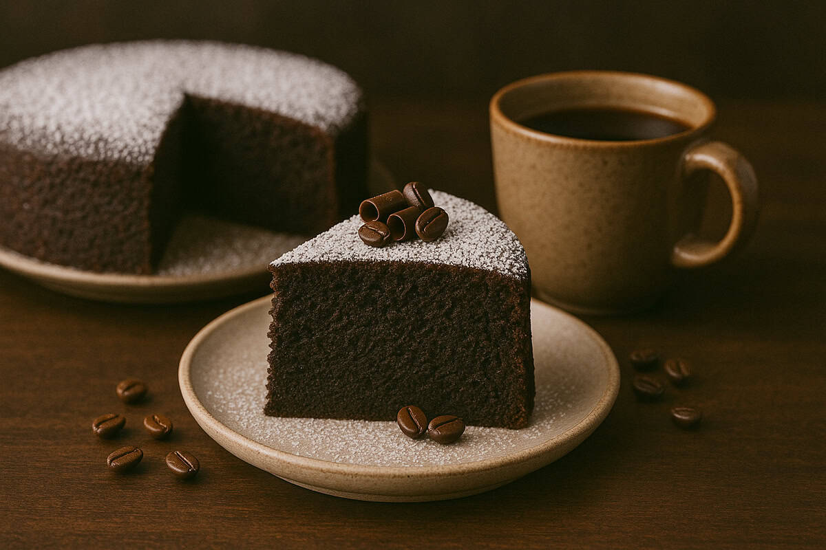 A slice of chocolate cake with some coffee beans as garnish.