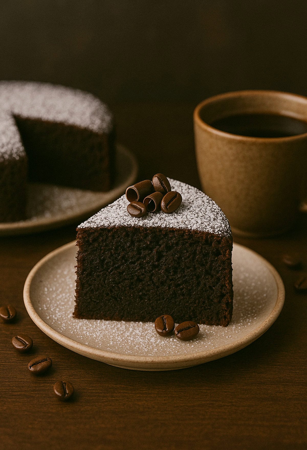 A slice of chocolate cake with a cup of coffee.