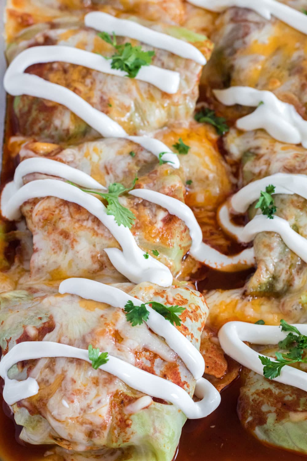 Pan of Mexican cabbage rolls garnished with sour cream and cilantro.