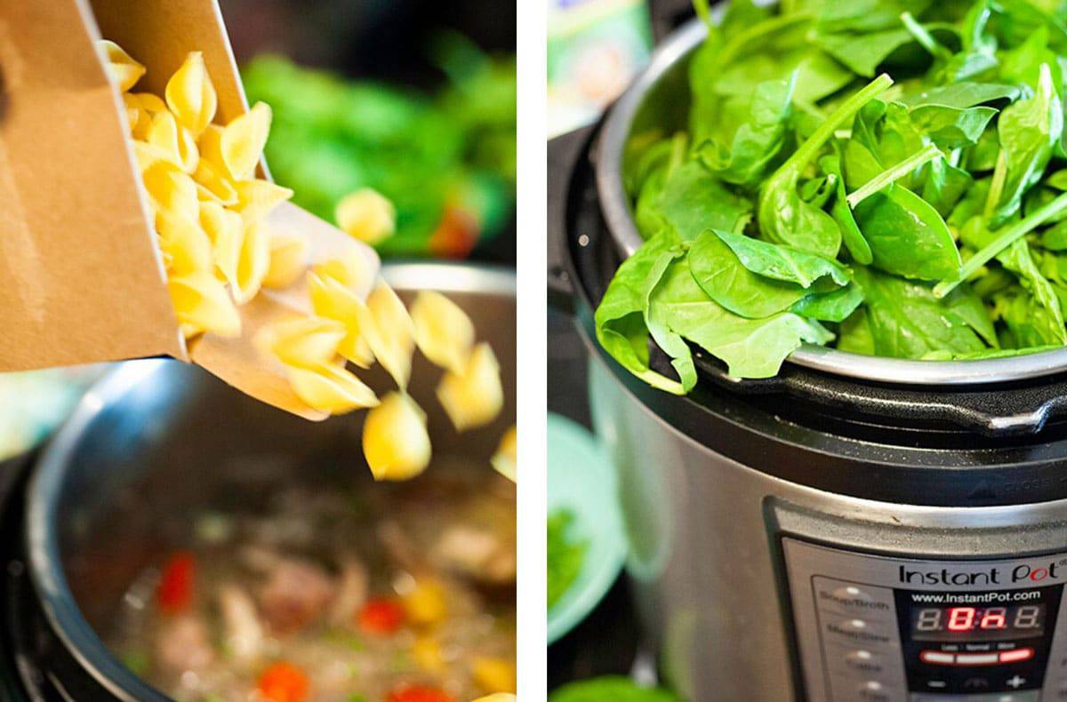 Adding pasta and spinach to an instant pot.