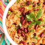 Large white bowl with Spanish rice and beans