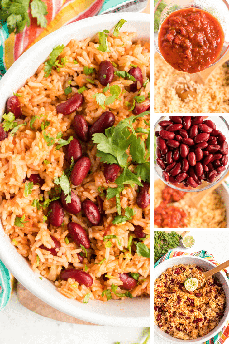 Bowl of Spaish Rice and bens and adding salsa and beans to the rice.