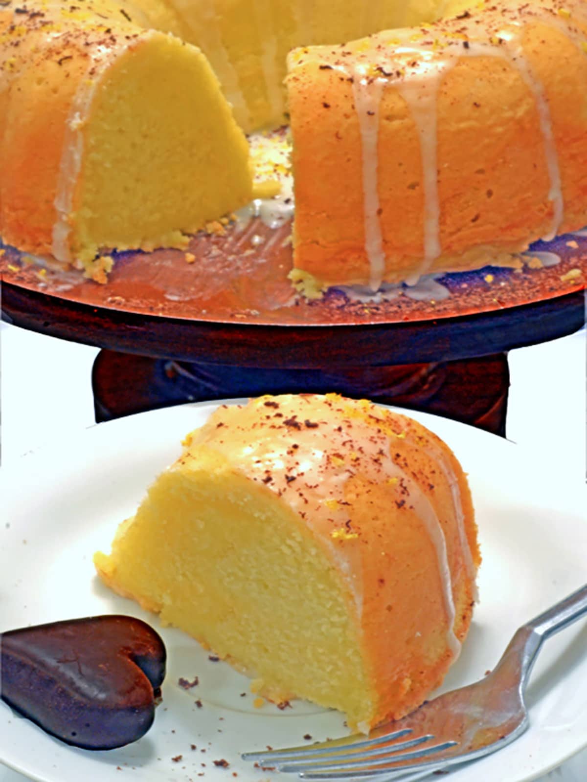 Slice of yellow bundt cake on a plate