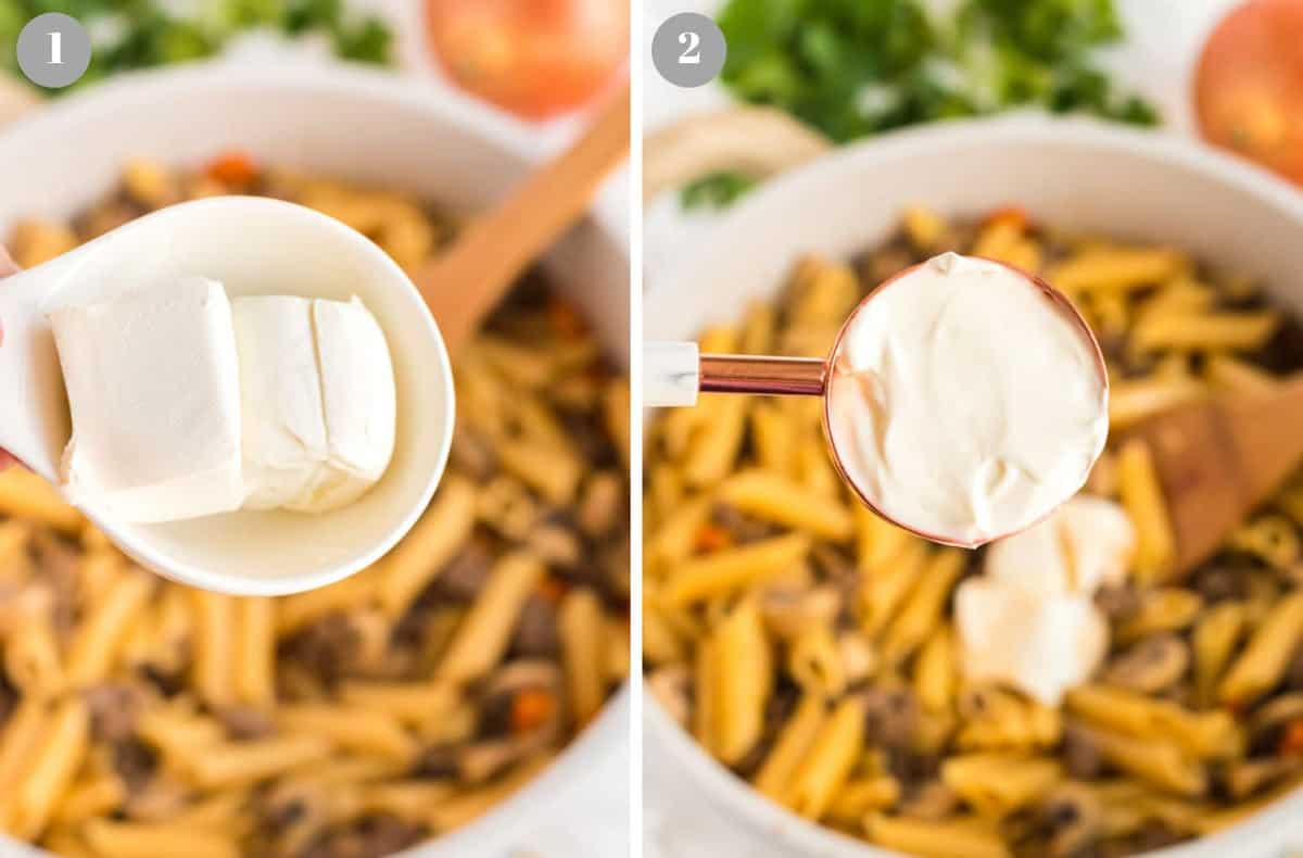 Adding sour cream and cream cheese to hamburger stroganoff.