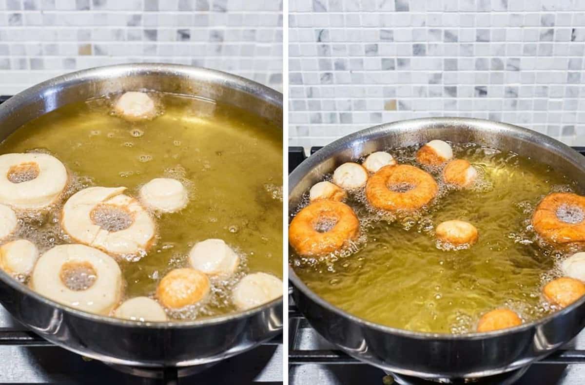 Yeast Donuts frying in hot oil