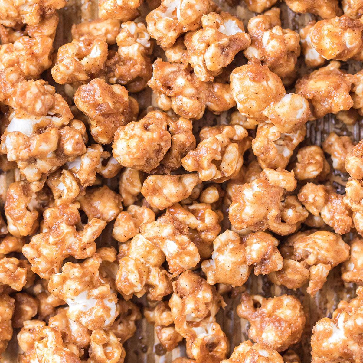 Closeup view of caramel popcorn.