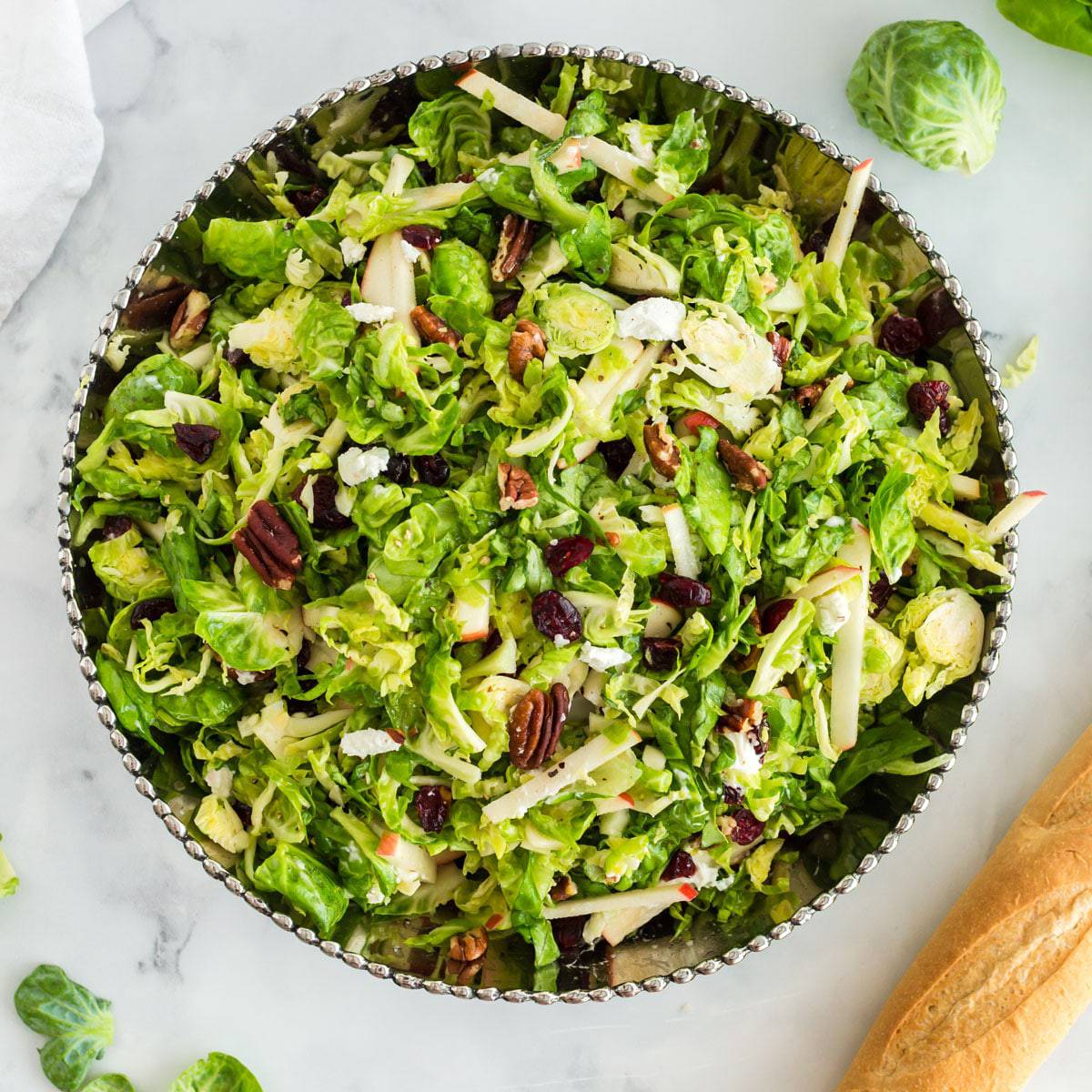 Brussels sprout salad from Platter Talk A bowl of Brussels sprouts salad