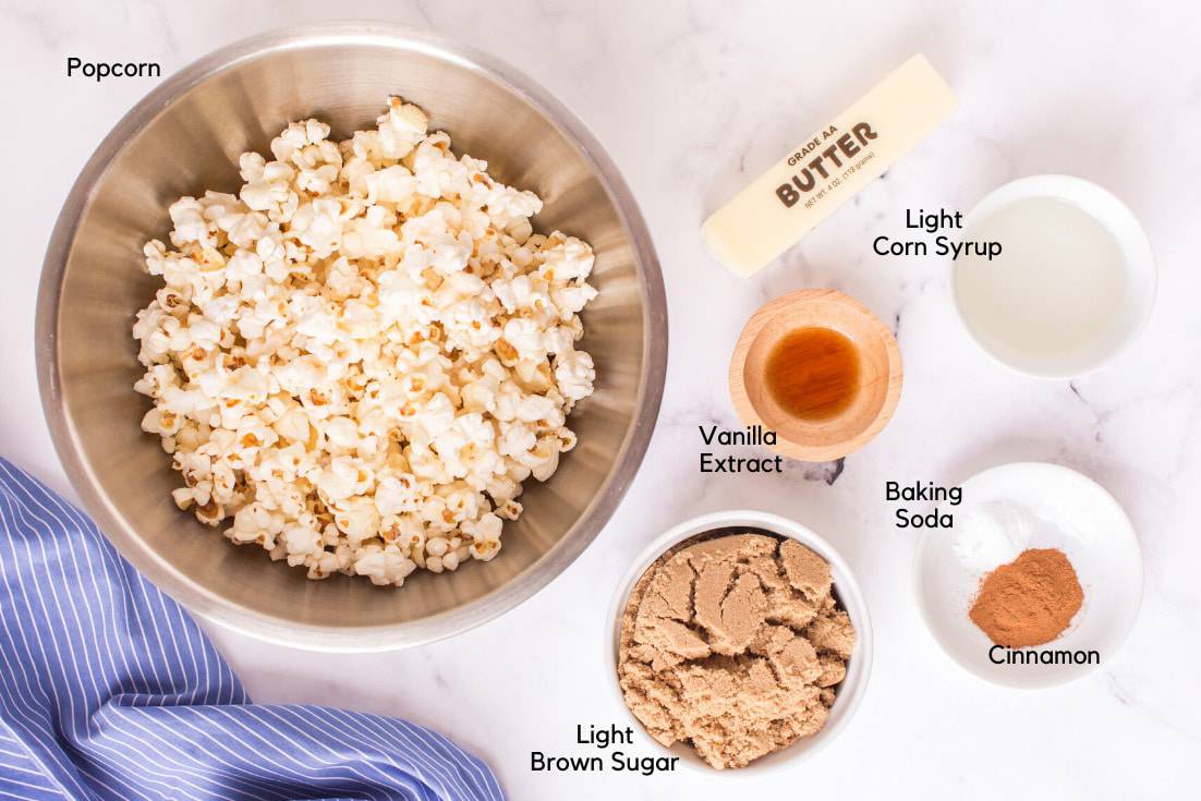 Bowl of popcorn and other ingredients to make caramel corn.