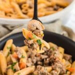 A forkful of ground beef stroganoff.