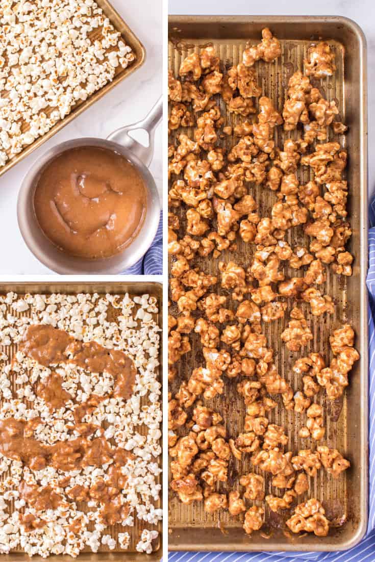 Spreading caramel sauce on tray of popcorn to make caramel corn.