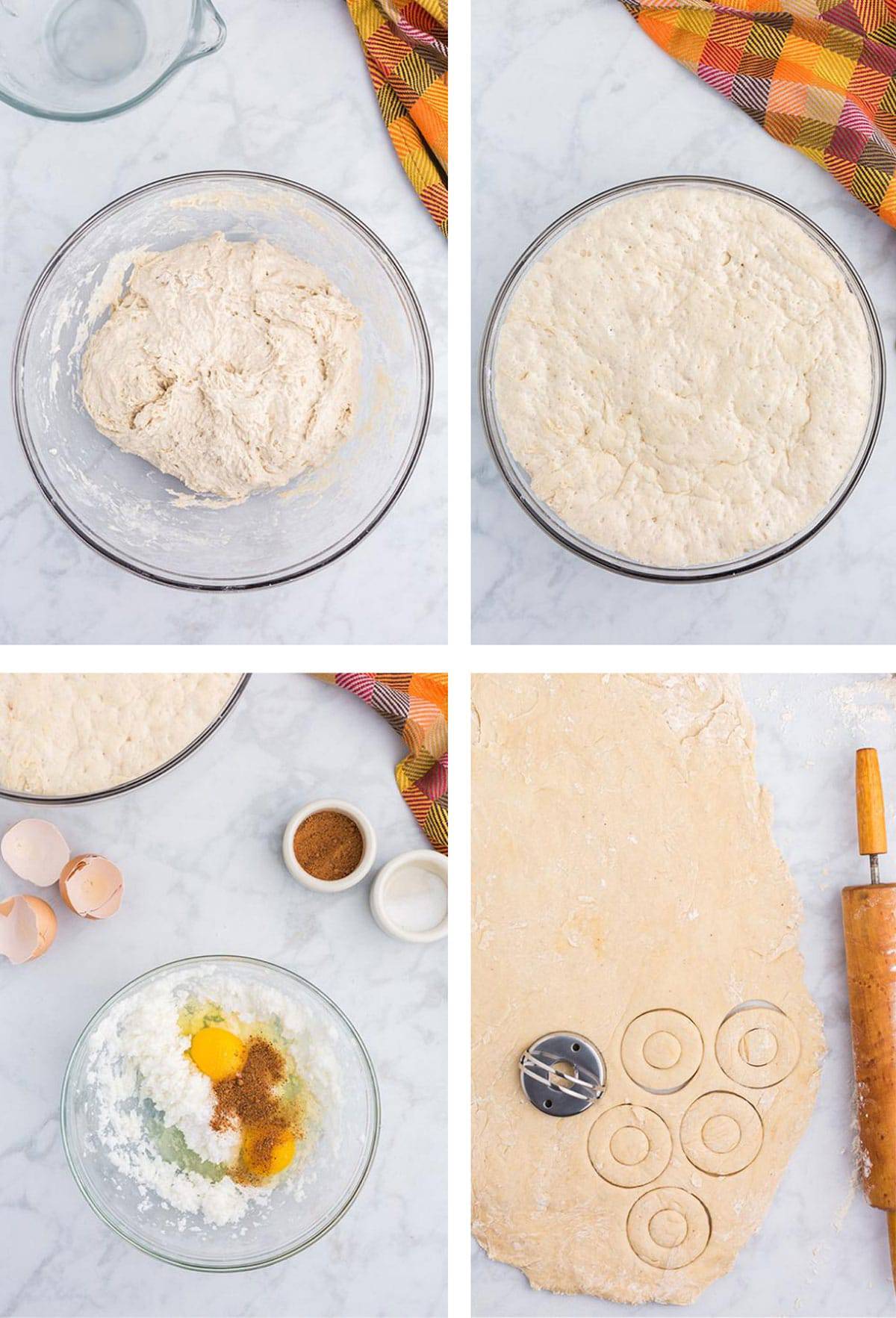 A mixing bowl of dough and a dough rolled out with a rolling pin