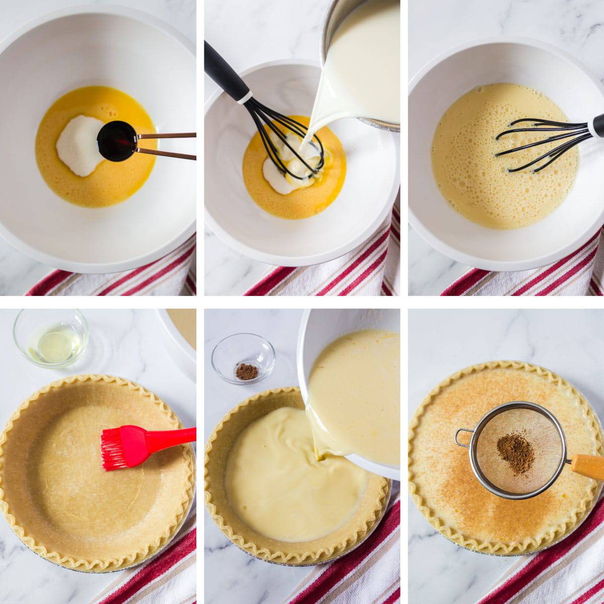 Mixing ingredients for homemade pie and adding to a crust