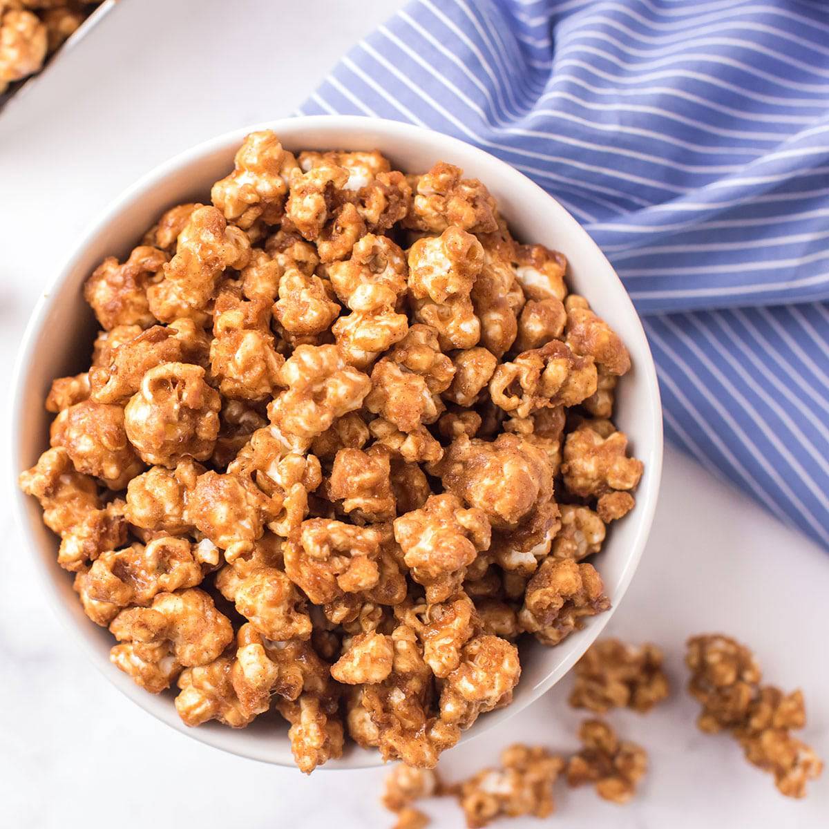 A big bowl of homemade caramel popcorn.