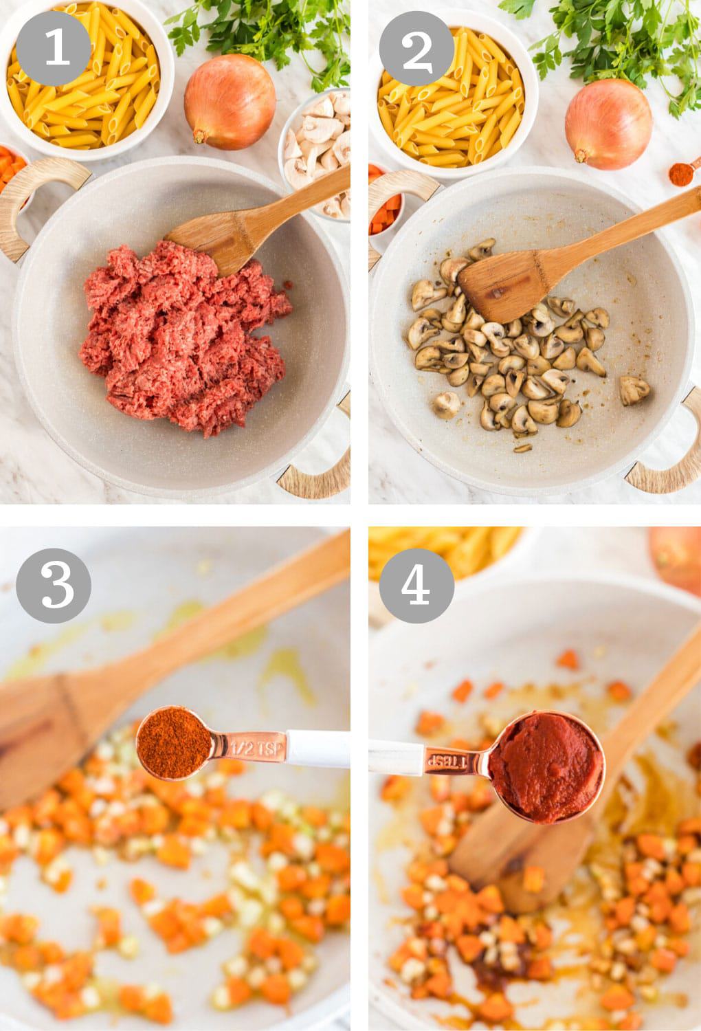 Mixing ingredients to make hamburger stroganoff.