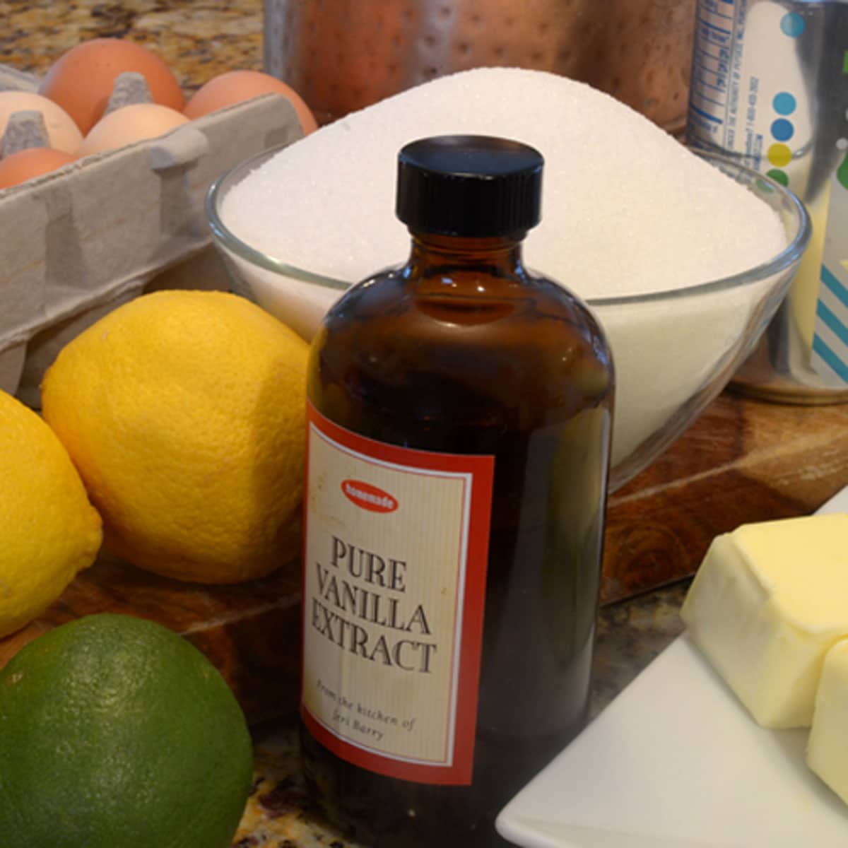 Ingredients for 7 up pound cake Vanilla extract, sugar, eggs, and other ingredients for a 7 up pound cake