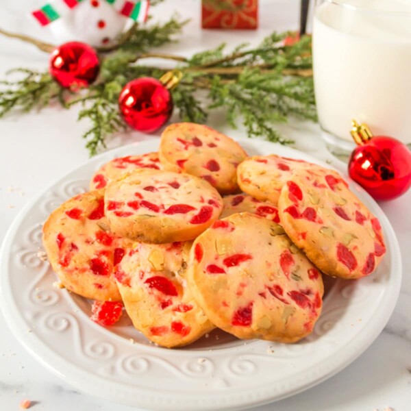 Plate of cherry Christmas cookies