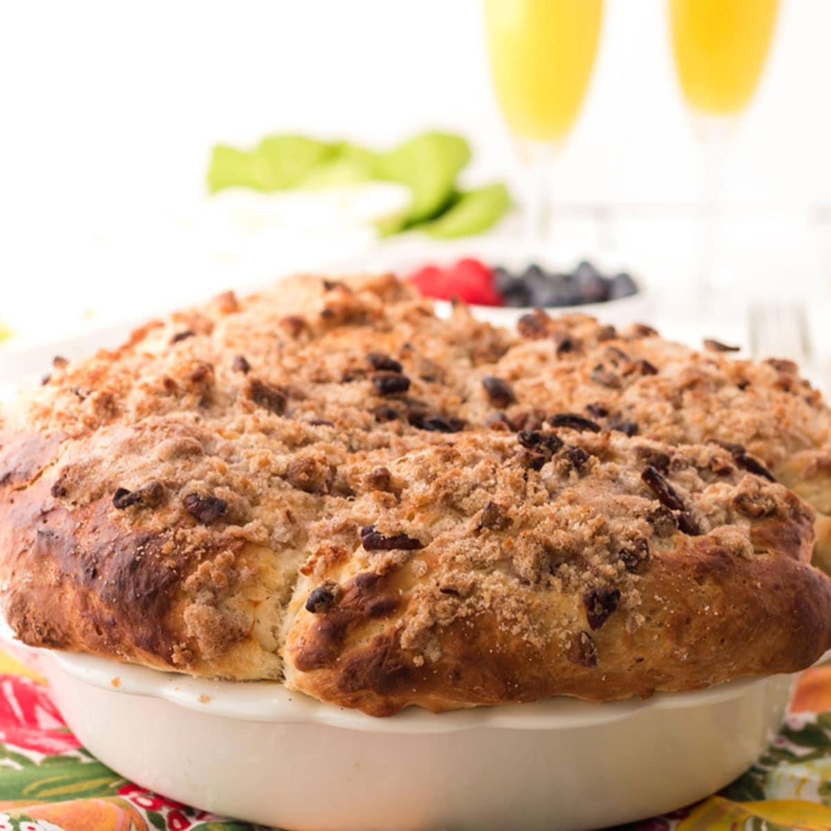 A German coffee cake in a white pan.