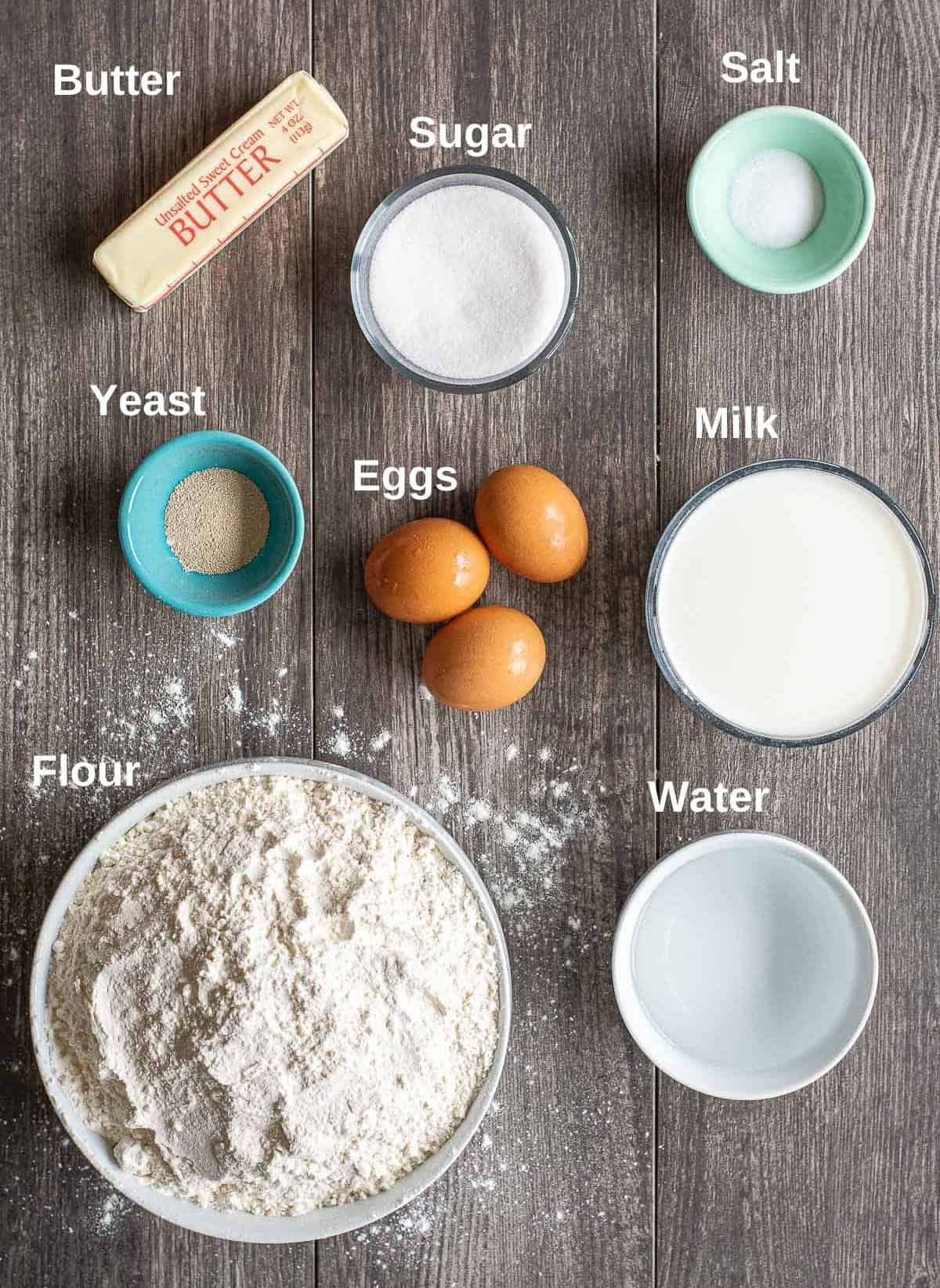 Ingredients for making dinner rolls A bunch of baking ingredients.
