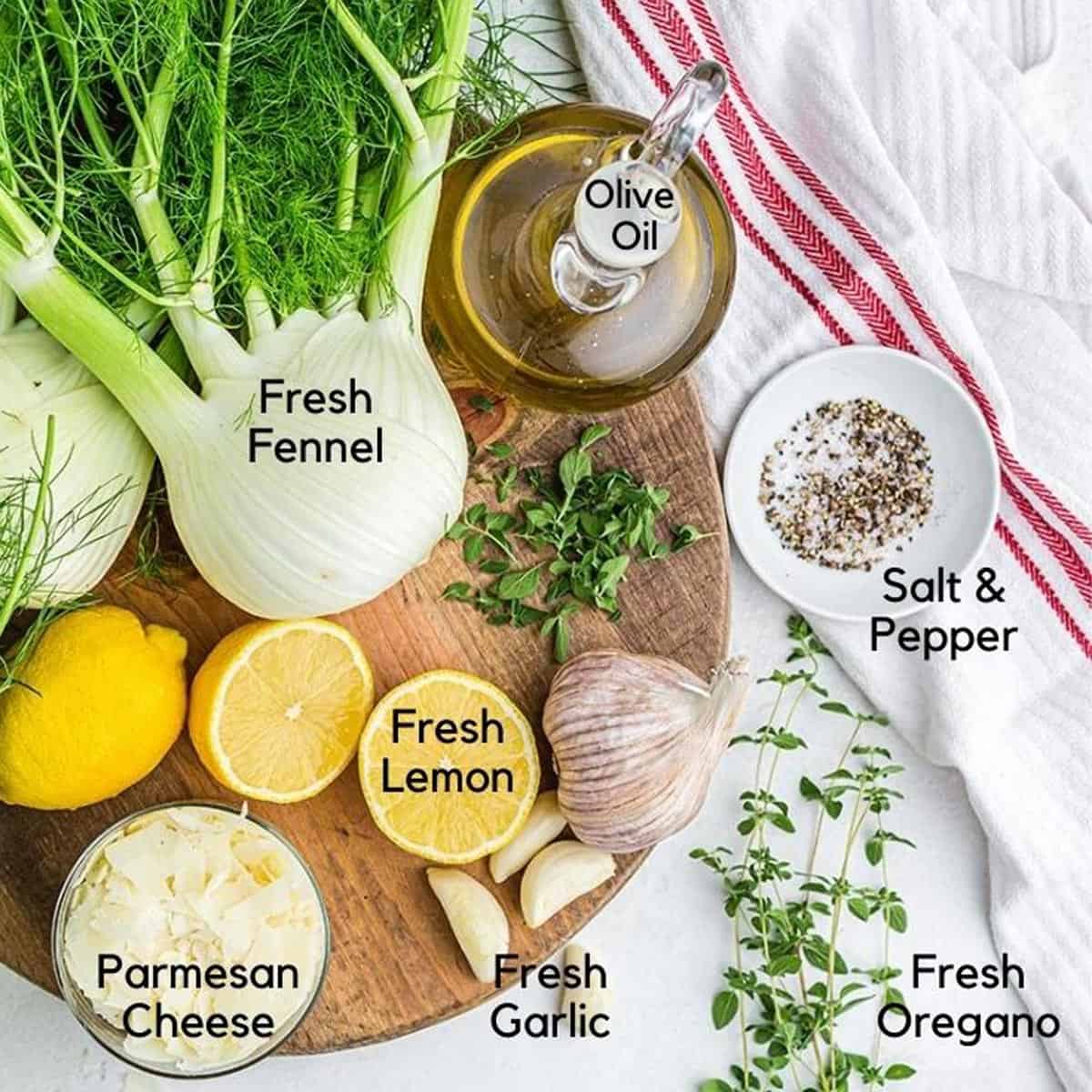 Ingredients for roasted fennel recipe A group of fennel, Parmesan cheese, lemon, garlic, oregano and olive oil