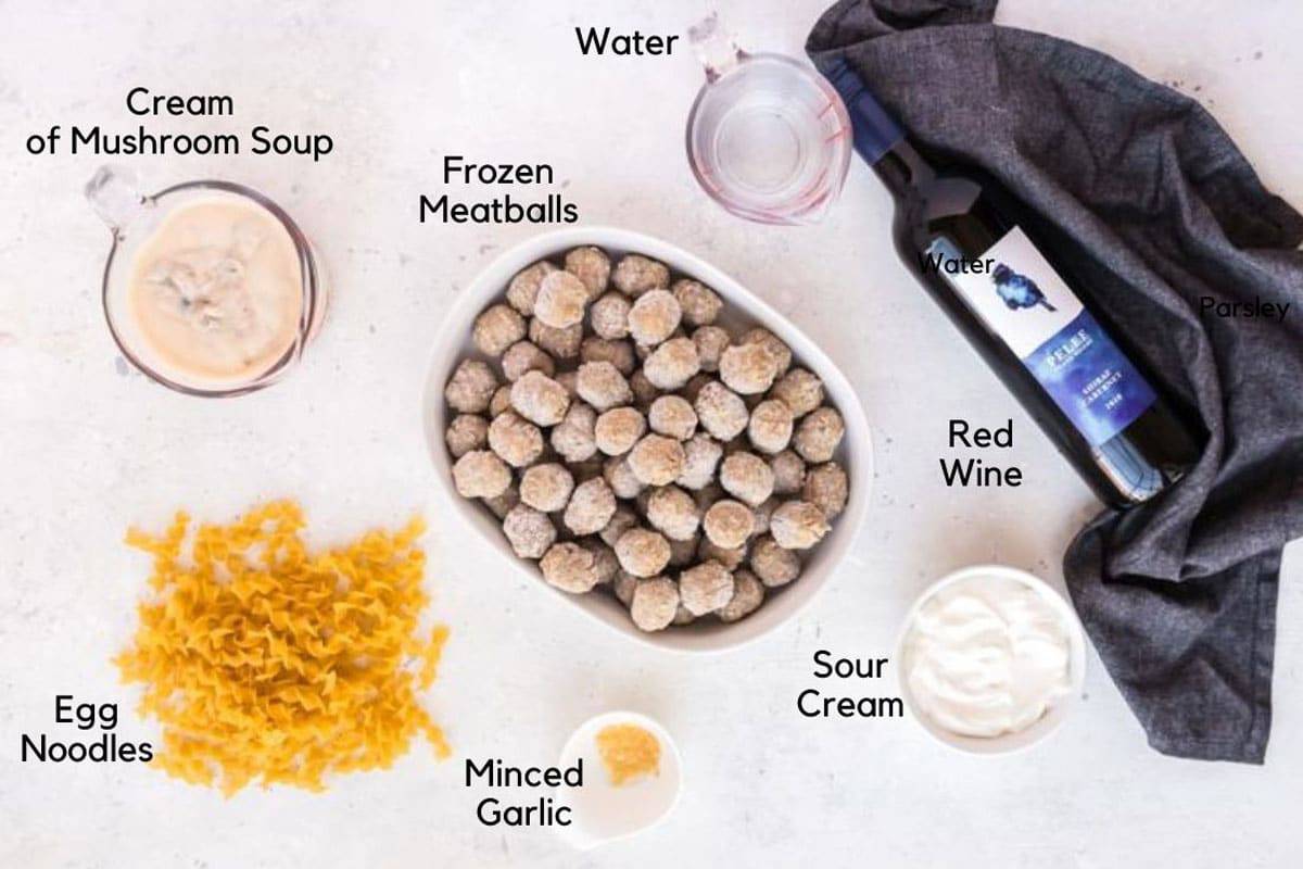 Frozen meatballs and other ingredients for meatball stroganoff