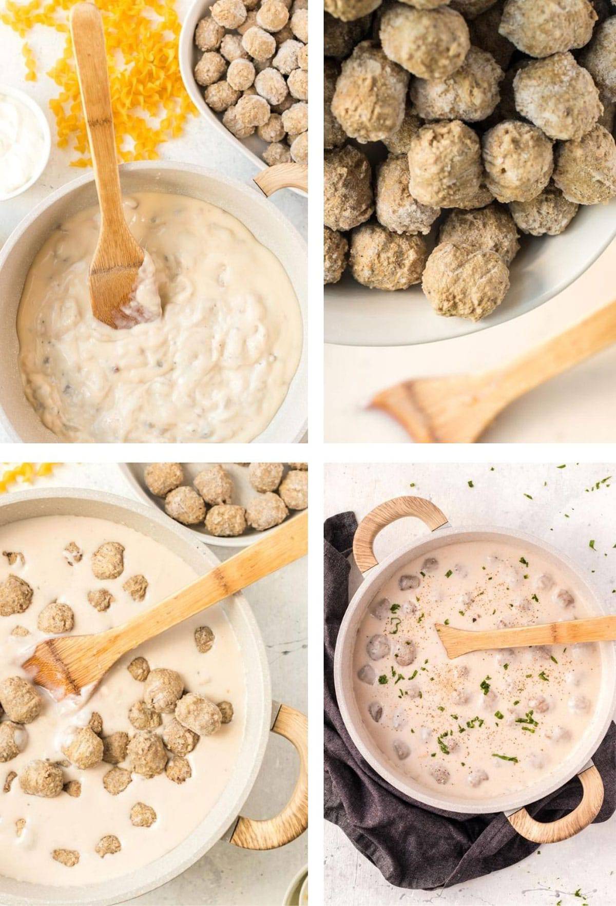 Cream and and frozen mushrooms being stirred in a pot.