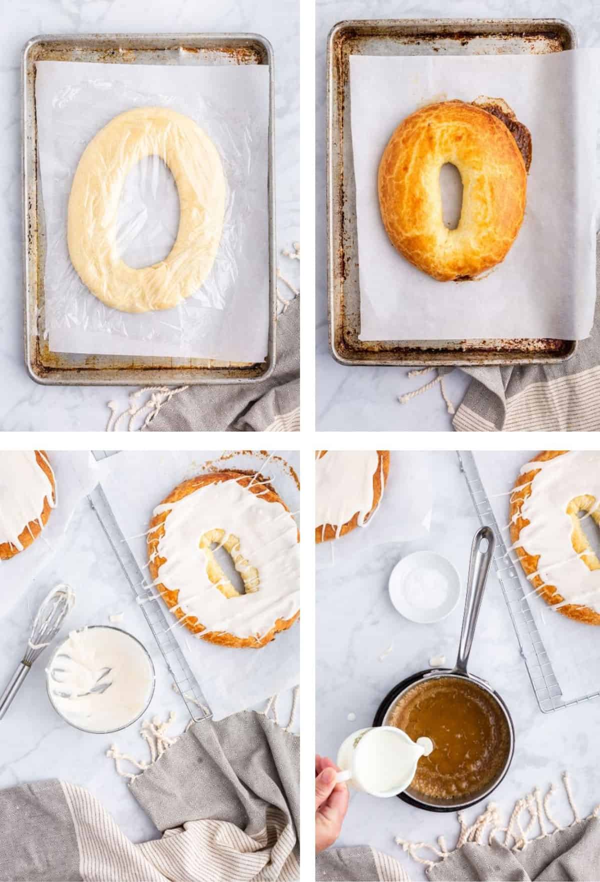 Baking and frosting a Danish kringle Baking and frosting a Danish kringle.