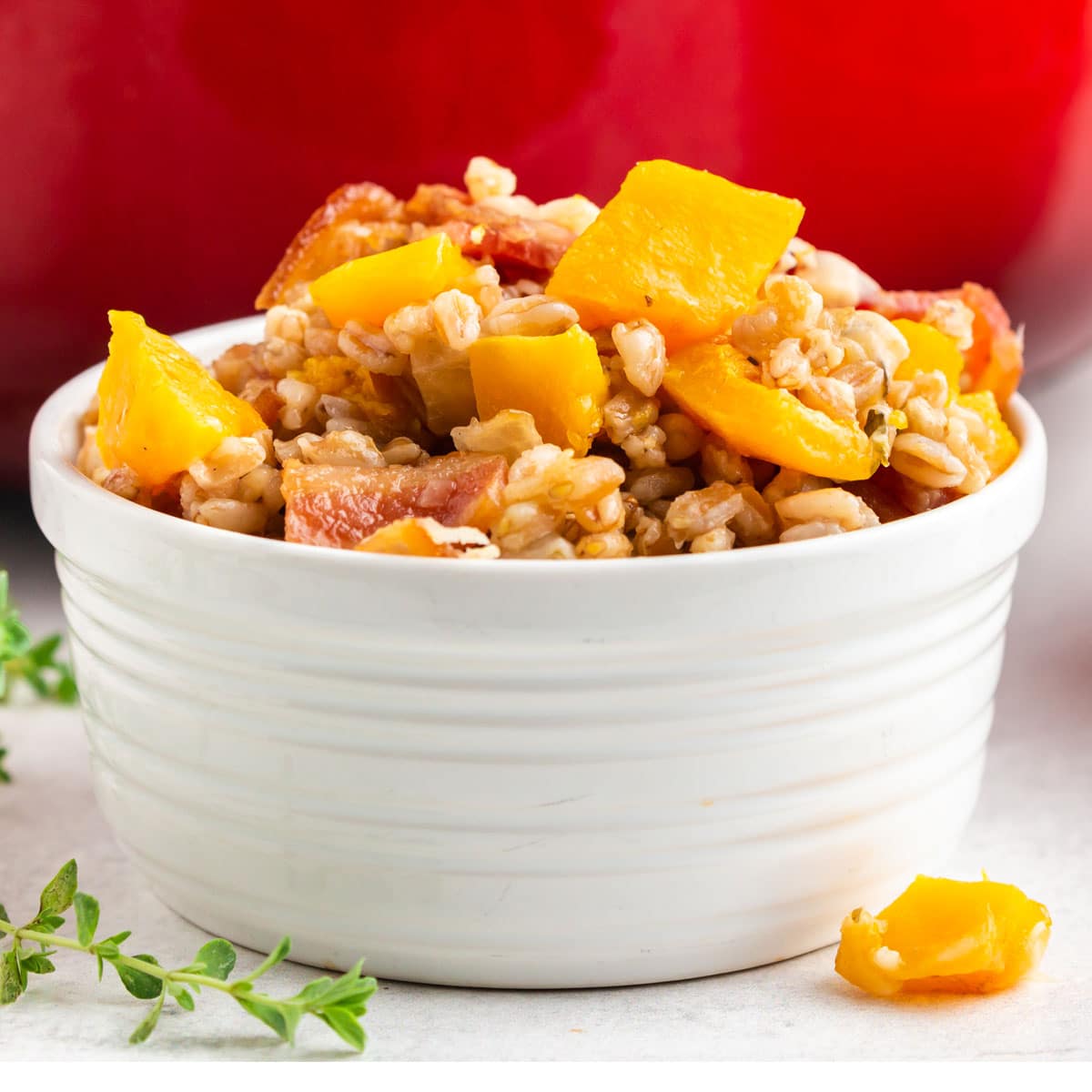 A bowl of farro with butternut squash