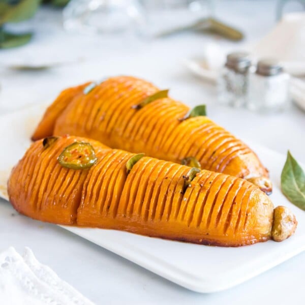 Hasselback butternut squash on a plate