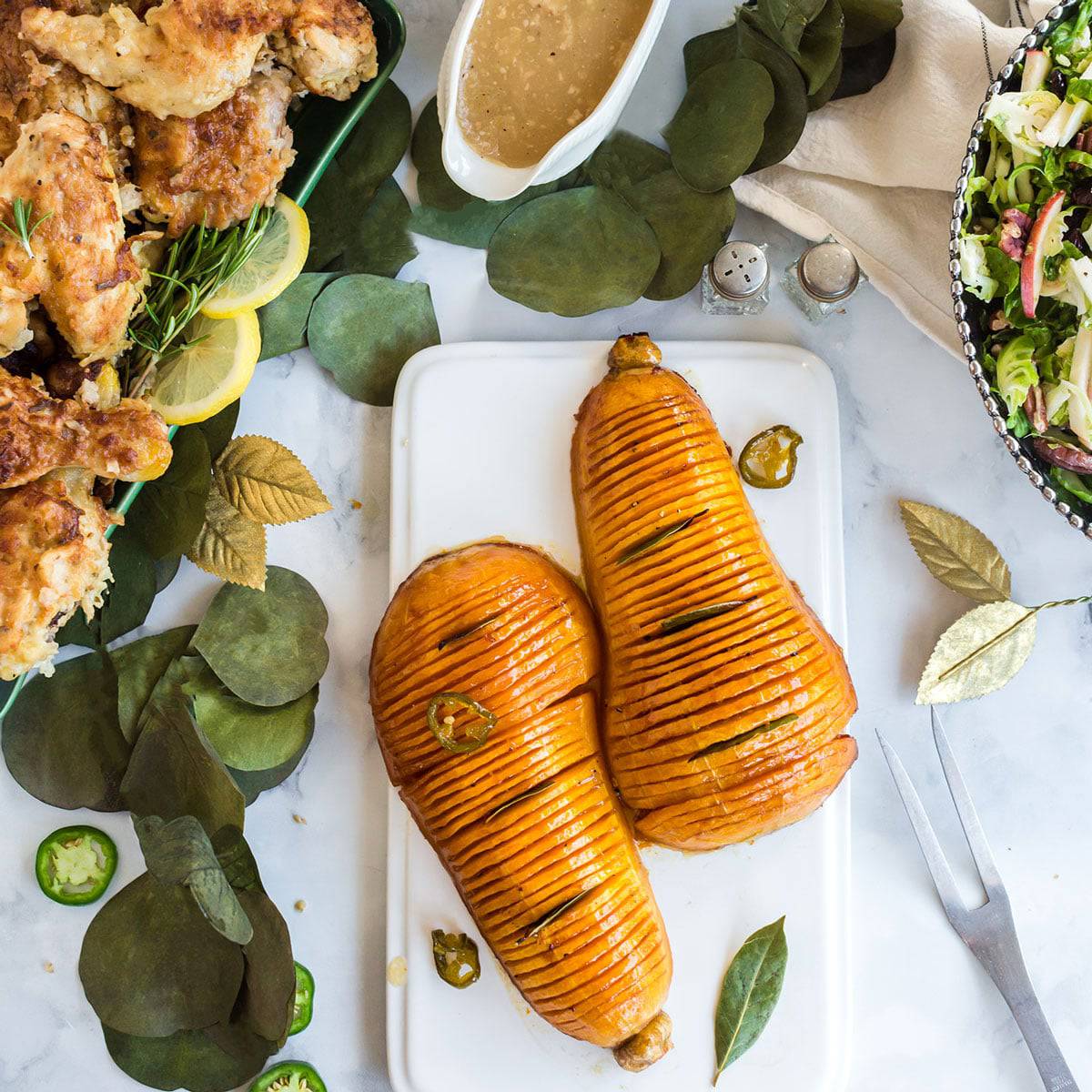 A holiday dinner table filled with food