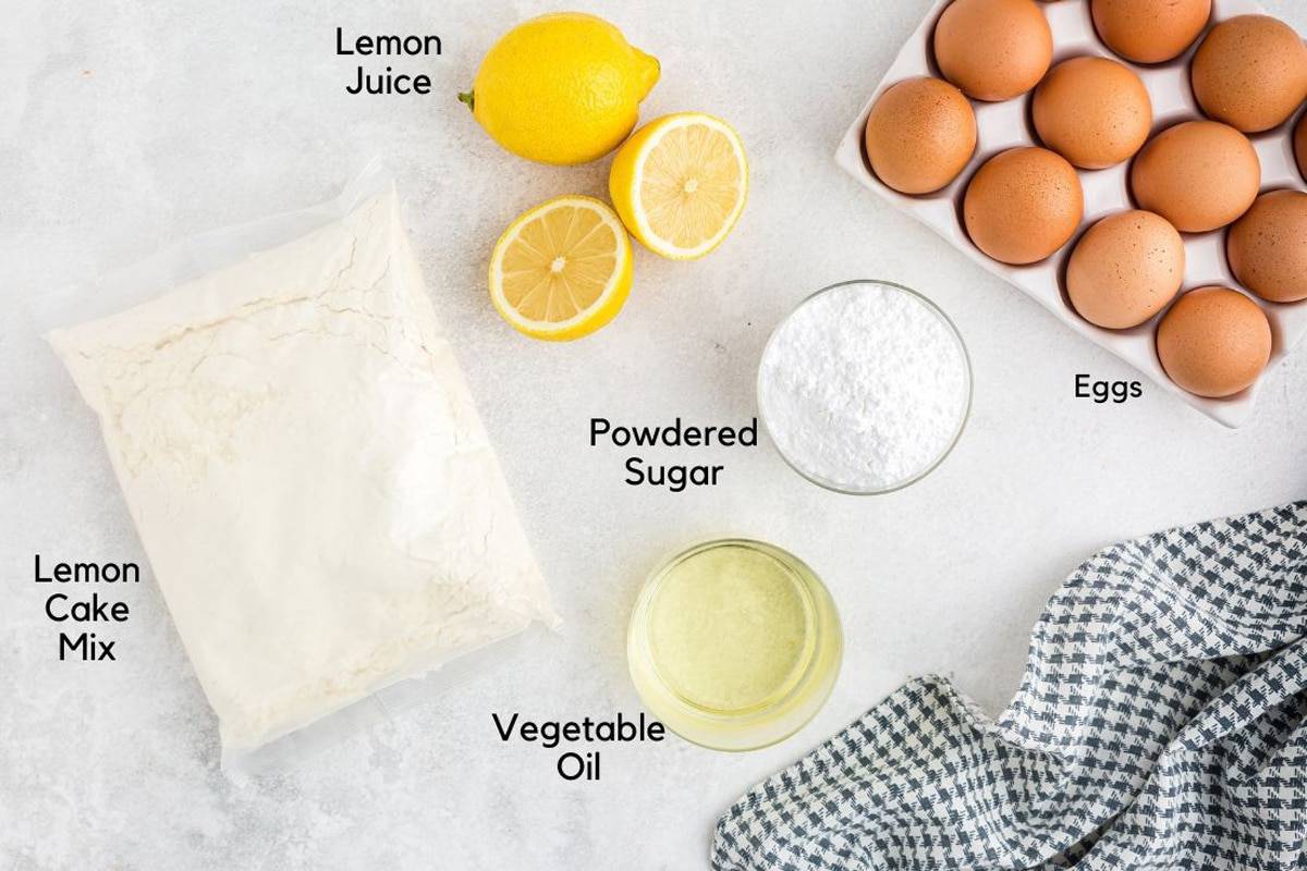 Ingredieints for lemon cake mix cookies Eggs and other cookie ingredients