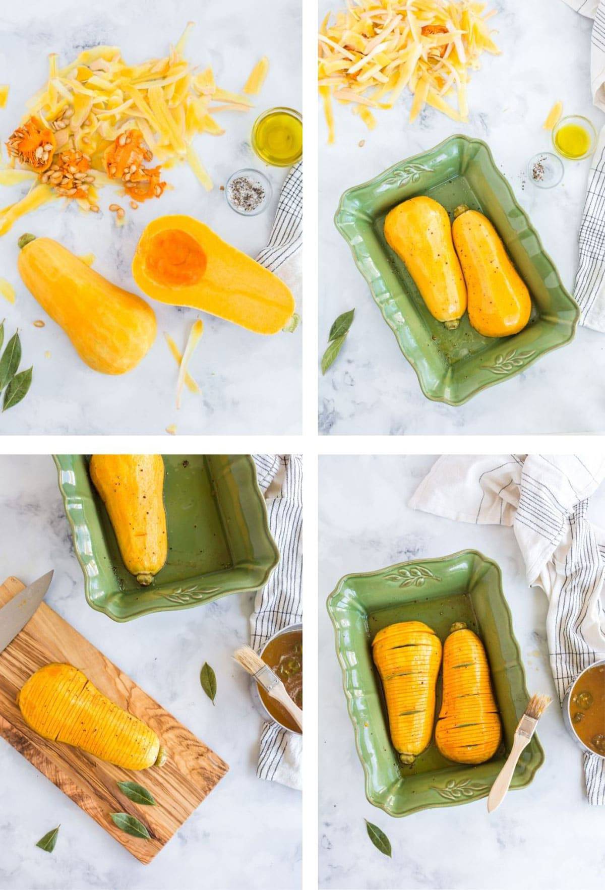 Butternut squash being prepped and hasselbacked