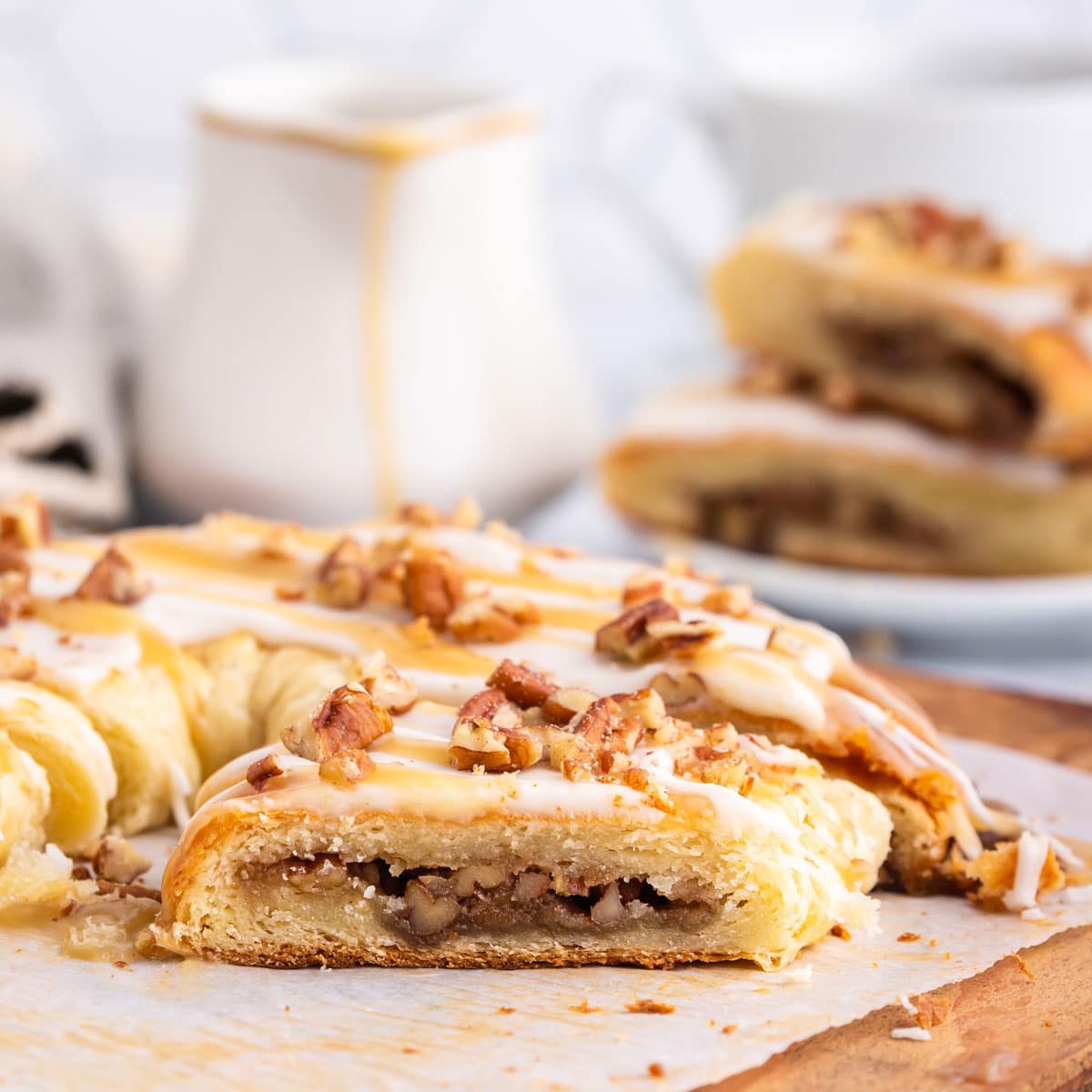 A pecan-filled kringle pastry A nut-filled pastry cut in half