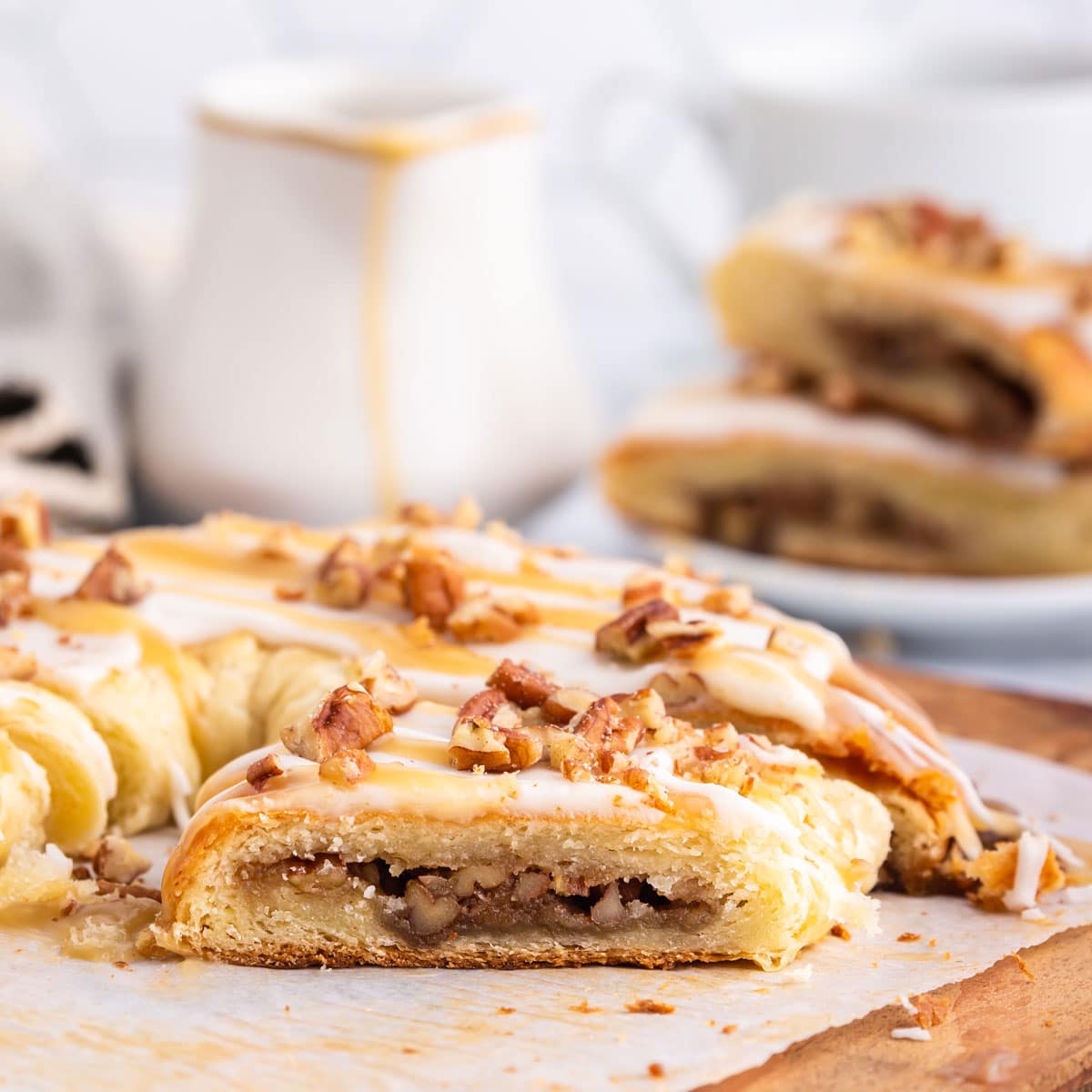 A nut-filled pastry cut in half