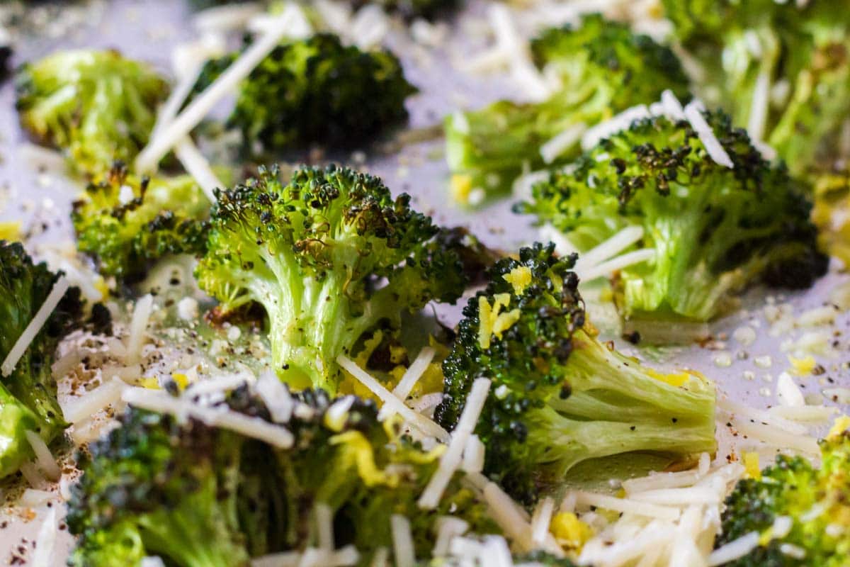 Close up of broccoli florets on a pan.