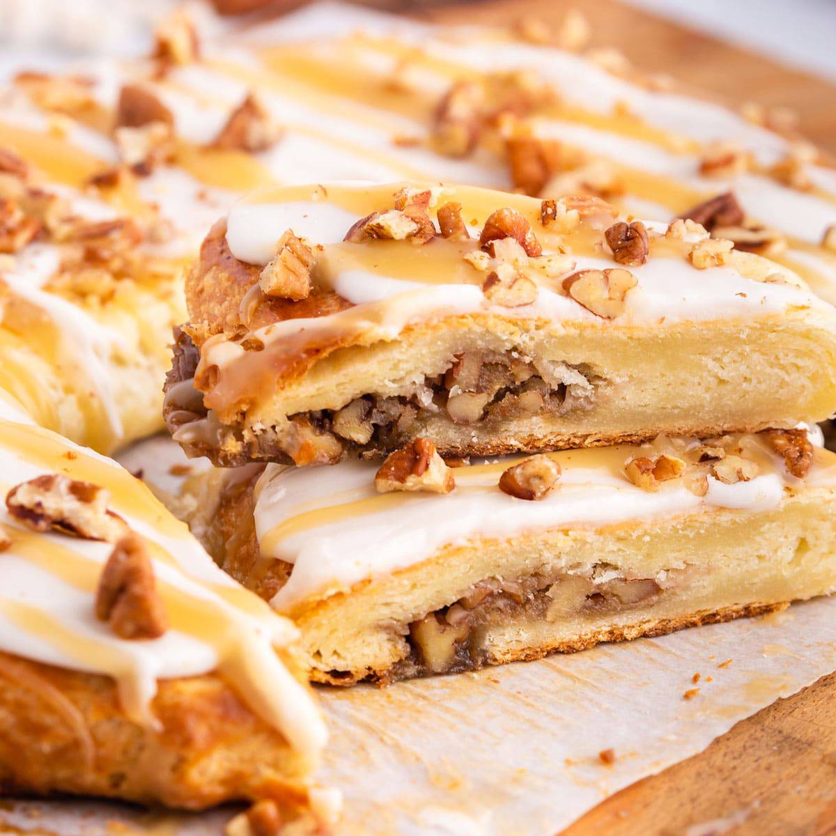 A couple of pieces of Danish kringle cut in half