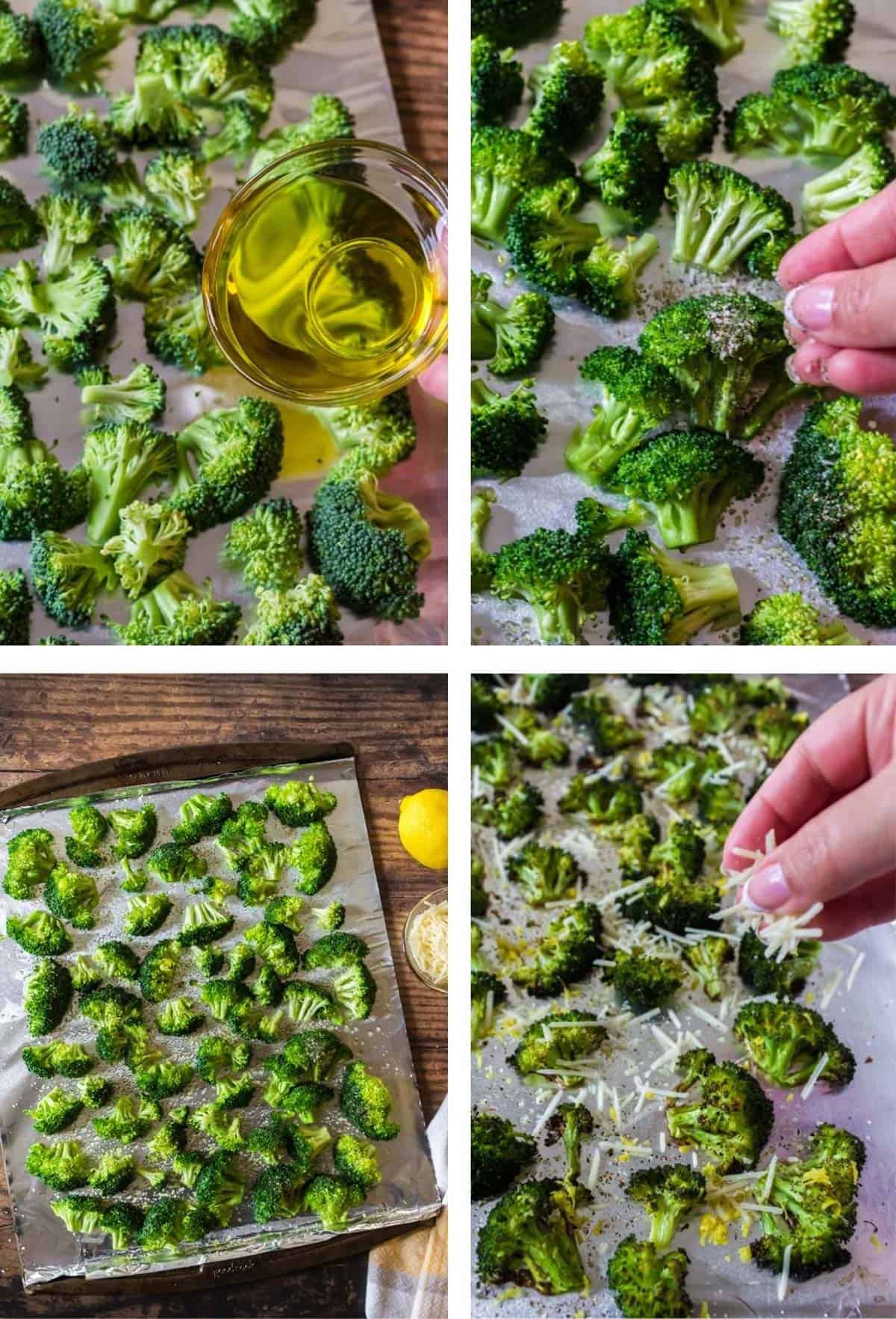 Seasoning a bunch of broccoli on a baking pan.