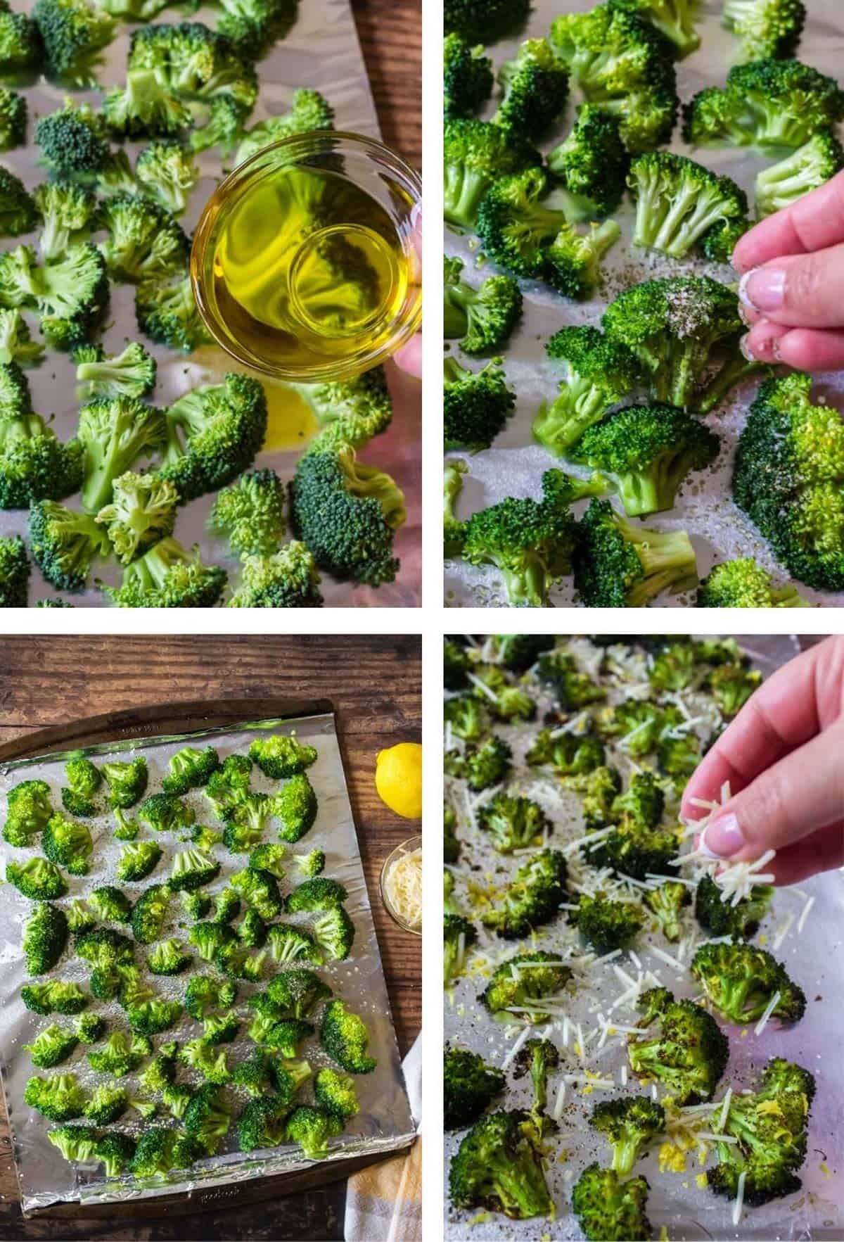 Roasting broccoli on a pan Seasoning a bunch of broccoli on a baking pan.