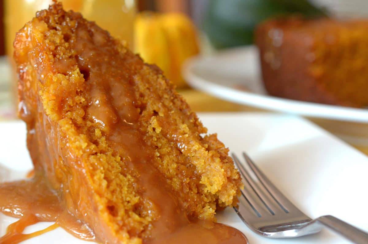 A slice of slow cooker pumpkin cake a slice of pumpkin cake on a plate