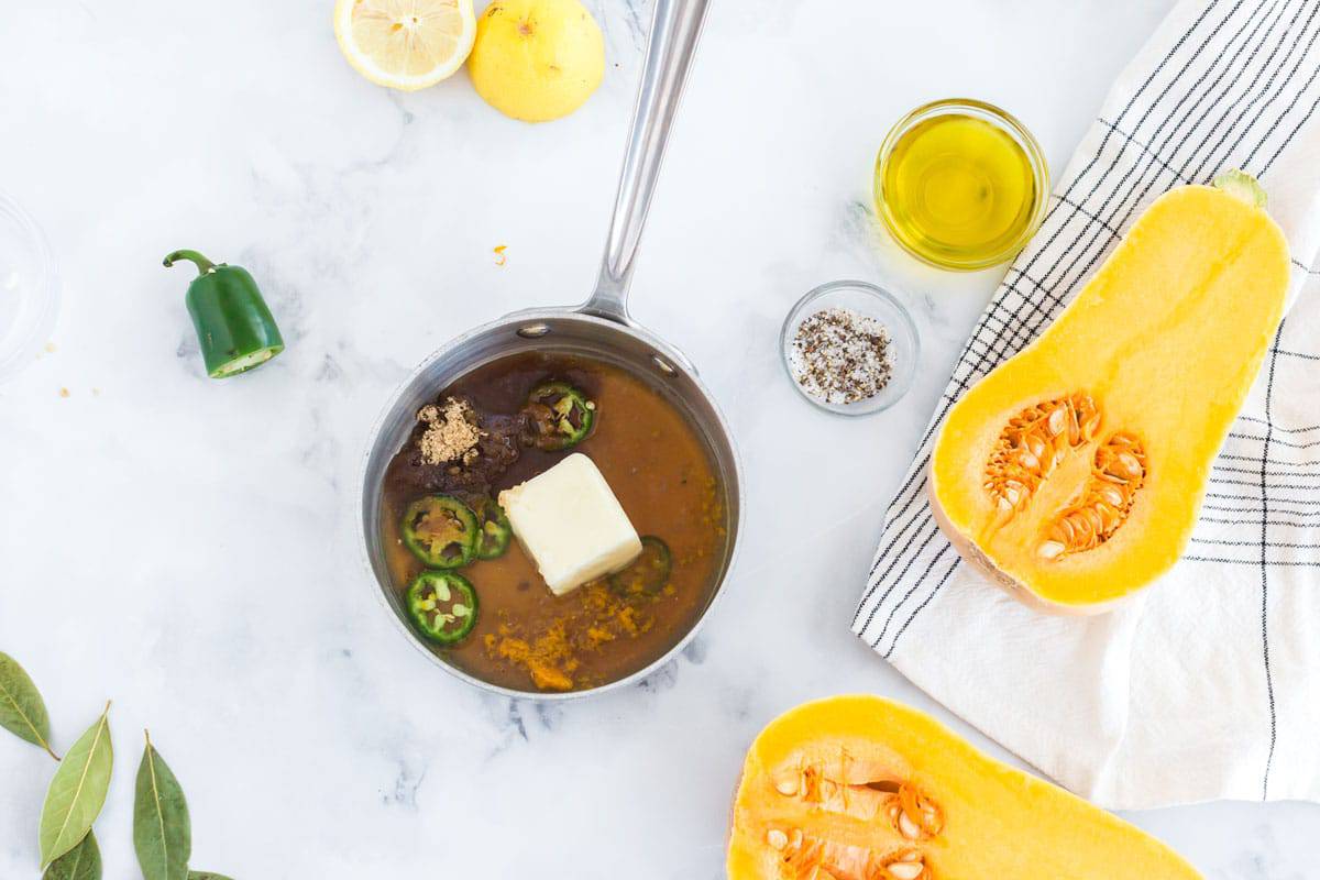 Making a sauce for butternut squash Sauce ingredients in a pan