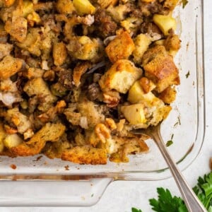 Close up of Thanksgiving dressing in a pan