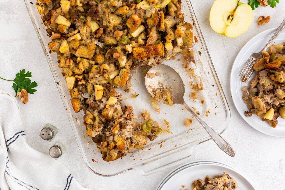 A pan of Thanksgiving stuffing