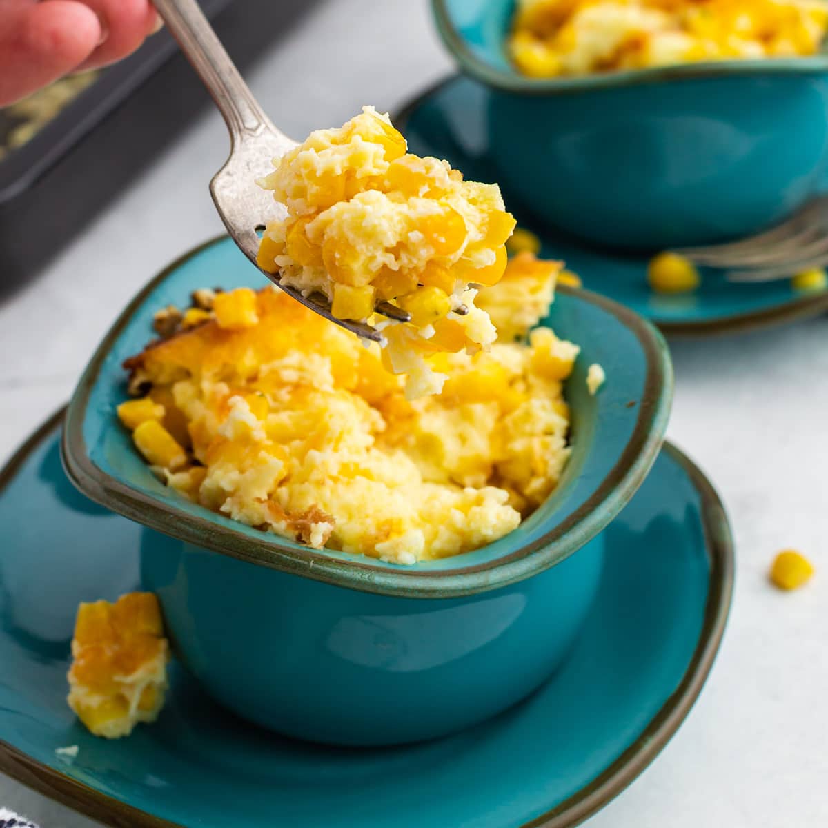 A bowl of corn casserole